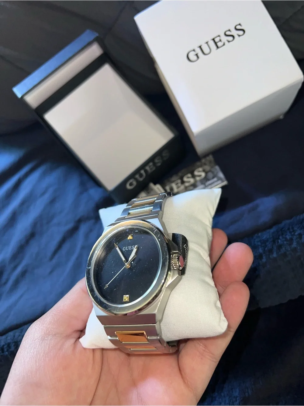 GUESS Men's Two-Tone Silver and Gold Bracelet Watch with Black Dial
